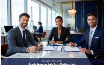 Professional bankers working in a modern French bank office representing Banking Jobs in France 2026.