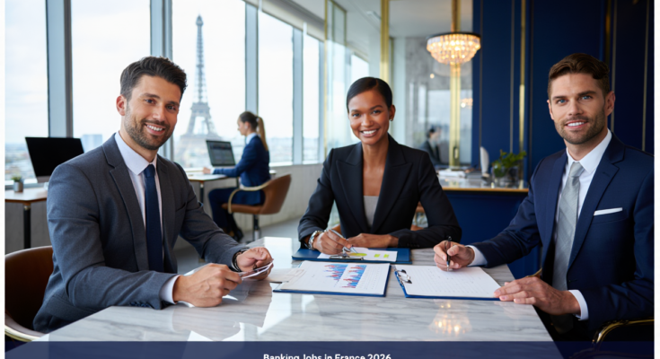 Professional bankers working in a modern French bank office representing Banking Jobs in France 2026.