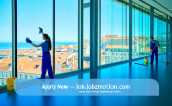 Professional cleaners working in a modern building representing Cleaners Jobs in Portugal 2026 for Foreign Workers.