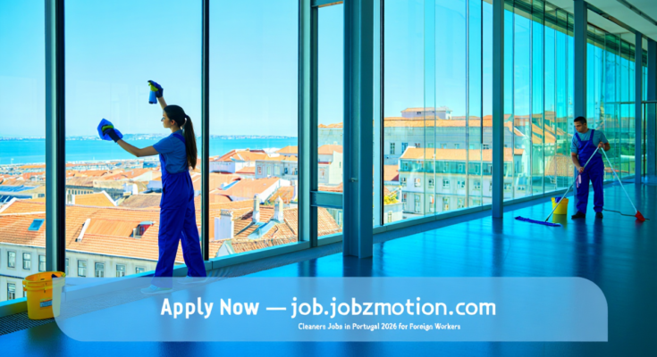 Professional cleaners working in a modern building representing Cleaners Jobs in Portugal 2026 for Foreign Workers.