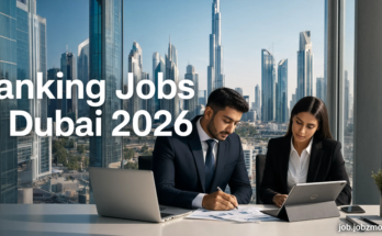 A realistic featured image showing professional bankers working in a modern office with Dubai's iconic financial district in the background. The image represents career opportunities available through Banking Jobs in Dubai 2026 and highlights Dubai's growing banking and financial services sector.