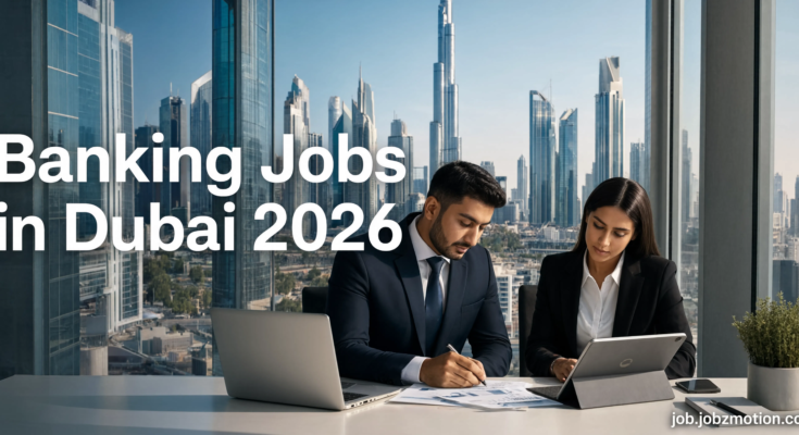 A realistic featured image showing professional bankers working in a modern office with Dubai's iconic financial district in the background. The image represents career opportunities available through Banking Jobs in Dubai 2026 and highlights Dubai's growing banking and financial services sector.