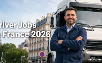 Driver Jobs in France 2026 featured image showing a professional commercial driver and modern transport vehicle in France.