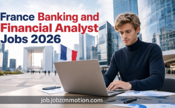A realistic featured image showing finance professionals working in a modern office with the Paris financial district in the background. The image represents employment opportunities available through France Banking and Financial Analyst Jobs 2026 and highlights France's growing demand for banking and financial analysis professionals.