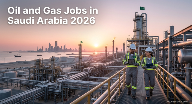 Oil and Gas Jobs in Saudi Arabia 2026 featured image showing a modern oil facility and engineers working in Saudi Arabia's energy sector.