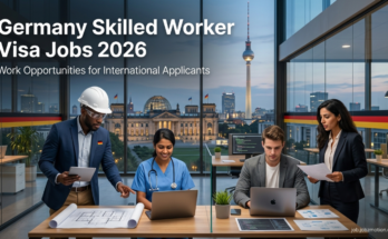 Germany Skilled Worker Visa Jobs 2026 featured image showing skilled professionals, engineers, healthcare workers, and employment opportunities in Germany for international applicants.