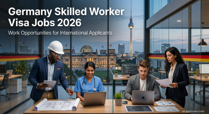 Germany Skilled Worker Visa Jobs 2026 featured image showing skilled professionals, engineers, healthcare workers, and employment opportunities in Germany for international applicants.