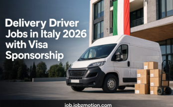 Delivery Driver Jobs in Italy 2026 with Visa Sponsorship featuring a modern delivery van and logistics setting in Italy.