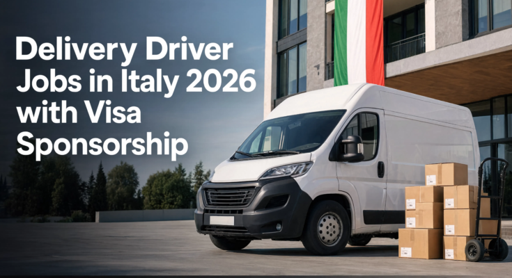 Delivery Driver Jobs in Italy 2026 with Visa Sponsorship featuring a modern delivery van and logistics setting in Italy.