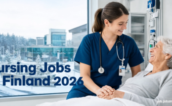 Nursing Jobs in Finland 2026 featured image showing a professional nurse providing patient care in a modern Finnish hospital.