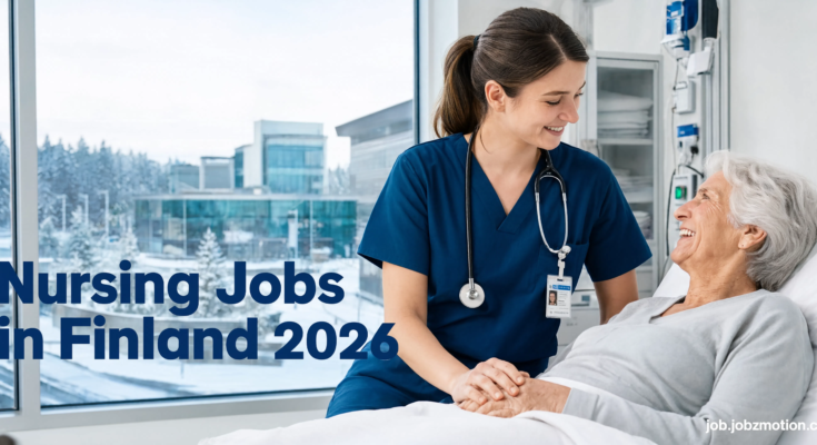 Nursing Jobs in Finland 2026 featured image showing a professional nurse providing patient care in a modern Finnish hospital.