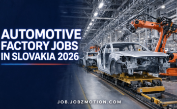 Automotive Factory Jobs in Slovakia 2026 with visa sponsorship recruitment poster.