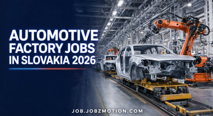 Automotive Factory Jobs in Slovakia 2026 with visa sponsorship recruitment poster.