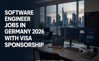 Software Engineer Jobs in Germany 2026 with Visa Sponsorship featuring a modern German technology office and software development workspace